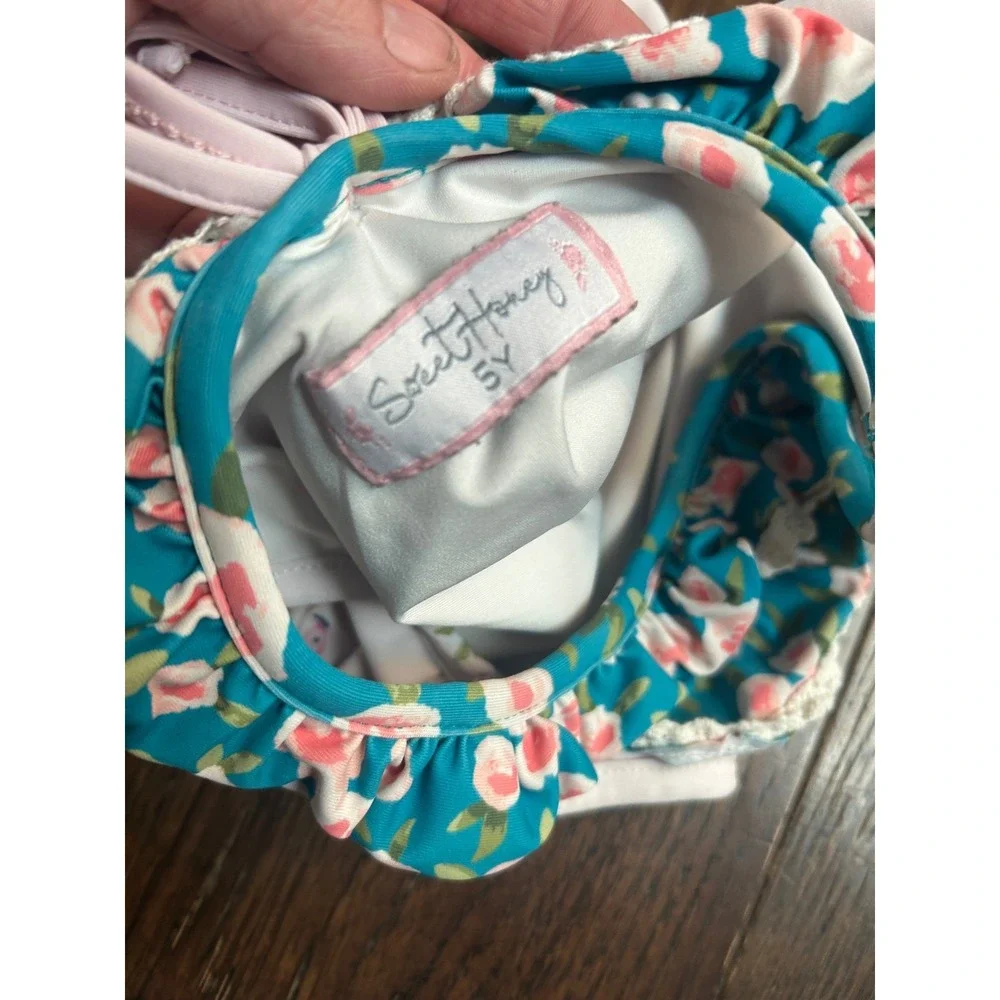 SweetHoney Girls Flamingo Floral Ruffle Swimsuit Set - Size 5Y - Adorable!